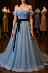 A-Line Gray Blue Tulle Long Prom Dresses, Gray Blue Long Formal Dresses